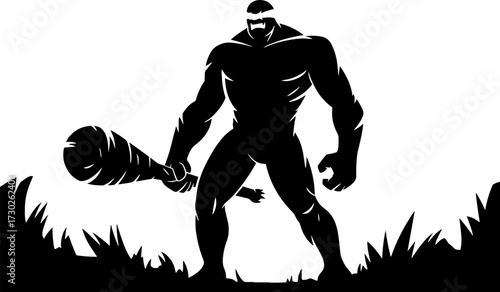 Mighty Warrior Holding Bat Standing in Grass Silhouette Art