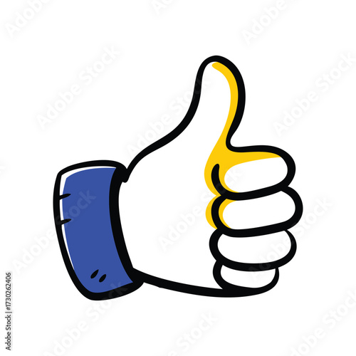 thumb up icon, thumbs up hand gesture with yellow thumb and blue sleeve doodle approval like vector icon
