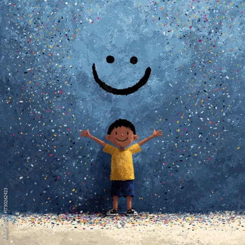 Illustration of happy emotions, joyful facial expression artwork, positive mood concept, cheerful character drawing, psychology and mental health theme, emotional wellbeing design