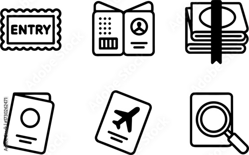 Entry Ticket Passport Identification Document Airplane Boarding Pass and Magnifying Glass Set for Travel and Security Design