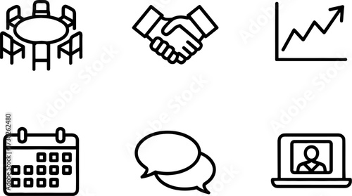 Business Meetings Set Including Round Table Handshake Growth Chart Calendar Chat and Video Call for Presentations