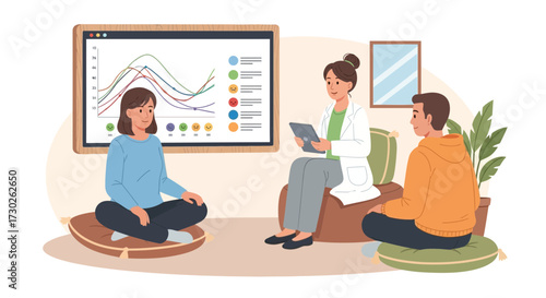 Couple attending counseling session with a therapist discussing emotional well-being