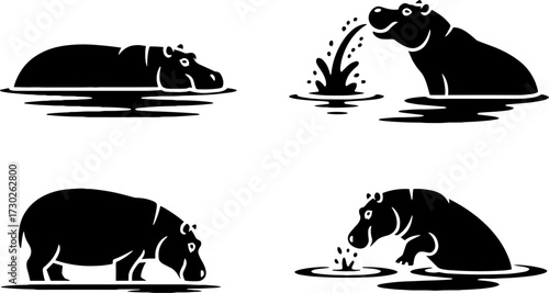 Hippos in Water Animal Silhouettes Wildlife Vector Illustration for Coloring Books and Tattoos