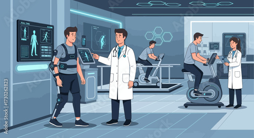 Futuristic rehabilitation center with patients and medical staff engaging in therapy