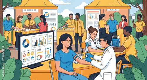 Illustration of community health fair providing free medical screenings and consultations