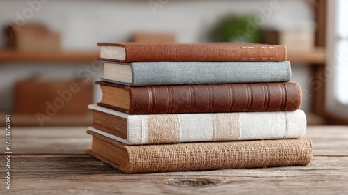 Stack Of Vintage Books On A Wooden Table With Natural Lighting