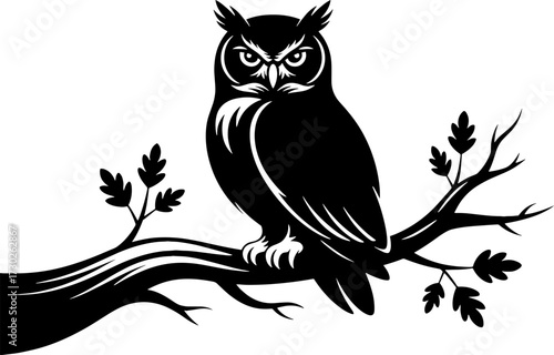 Owl perched on tree branch with leaves silhouette design ideal for tattoo or coloring book