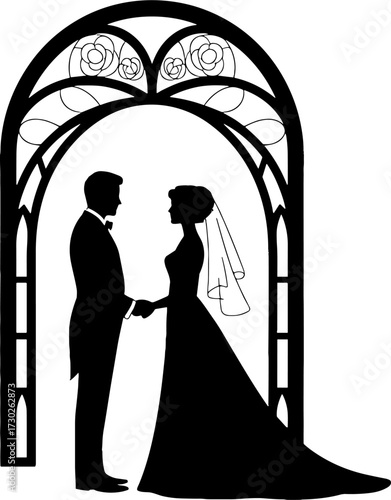 Elegant Wedding Silhouette Couple Beneath Arch with Roses