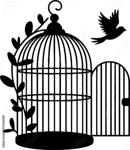 Open Birdcage with Flying Bird and Vine Leaves Freedom Symbol Illustration for Tattoo Design and Coloring Book