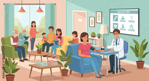 Cozy family doctor's office scene with diverse generations in cheerful ambience