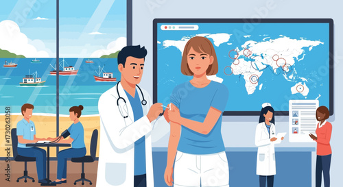 Vector illustration of vaccination against virus with healthcare professional
