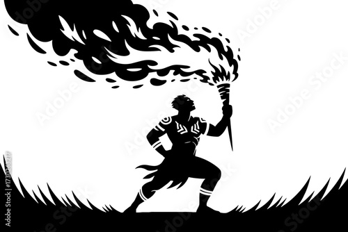 Heroic Silhouette with Torch and Flames in Dramatic Pose