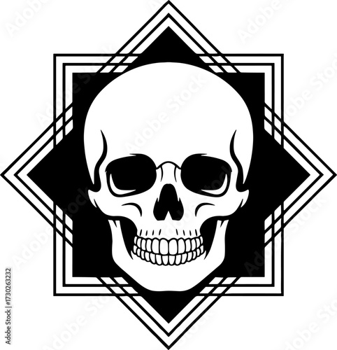 Human Skull Front View with Geometric Star Shape Background for Tattoo or Coloring Book Design