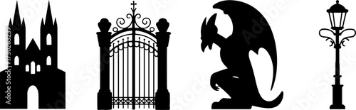 Gothic Cathedral Iron Gate Gargoyle Statue and Vintage Street Lamp Silhouettes for Tattoo Design and Coloring