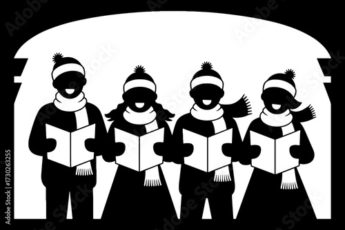 Christmas Carolers Singing in Winter Attire with Music Sheets
