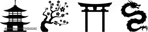 Japanese Pagoda Cherry Blossom Tree Torii Gate and Dragon Silhouettes for Tattoo Design and Coloring Book