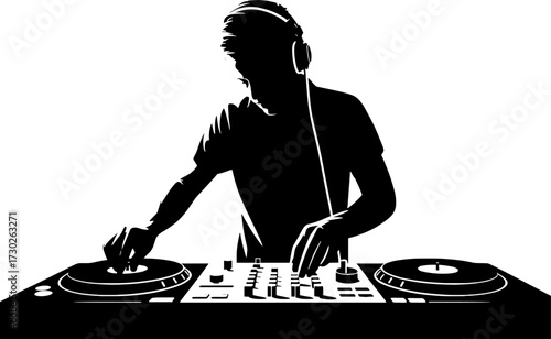 Silhouette of DJ Mixing Music with Turntables and Headphones