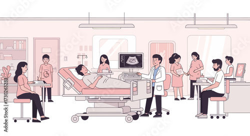 A modern antenatal care illustration depicting a scene of a pregnant patient getting an ultrasound