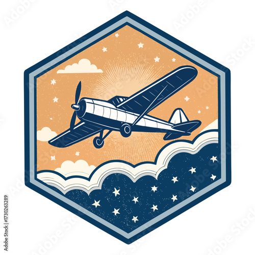 Vintage airplane soaring through a starry sky with clouds and sun.