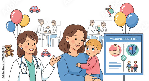 Pediatric vaccination clinic visit illustration showcasing vaccine benefits for kids