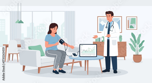 Doctor monitoring patient's health with portable blood pressure measurement device