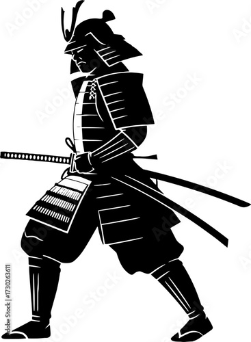 Samurai Warrior Standing in Armor with Katana Sword Ready for Combat Tattoo Design