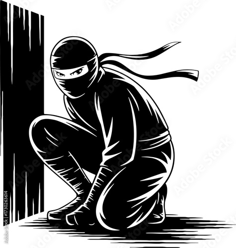 Stealthy Ninja Crouching in Shadows Perfect for Tattoo Design