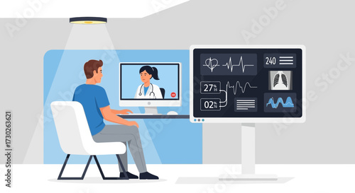 Illustration of telehealth consultation with a doctor over a computer monitor