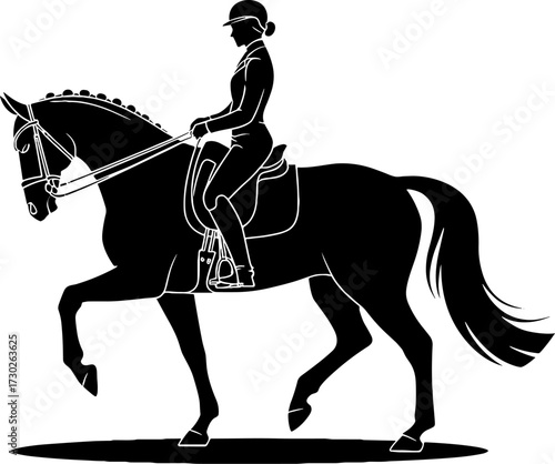 Elegant Dressage Rider on Horse with Raised Leg and Equestrian Helmet Silhouette for Tattoo or Coloring