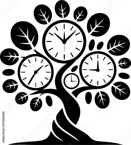 Stylized Tree Design with Clocks Representing Time and Nature