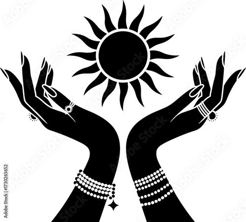 Mystical female hands holding sun symbol with bracelets and rings for tattoo design
