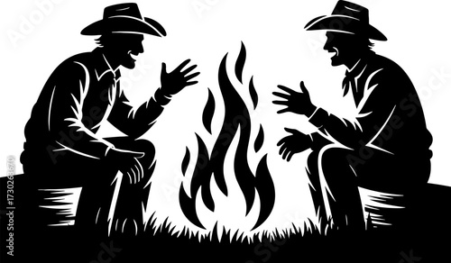 Cowboys Sharing Stories Around a Campfire in Silhouette Design