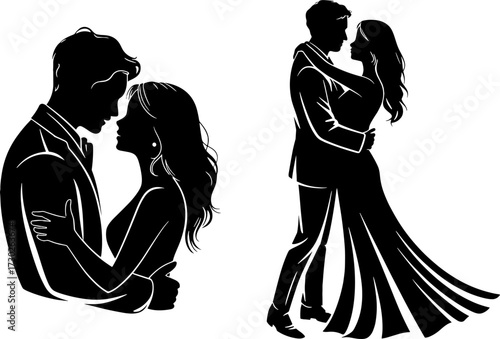 Romantic Couple Embracing Silhouettes in Formal Attire Wedding Dance Pose Ideal for Tattoo and Design