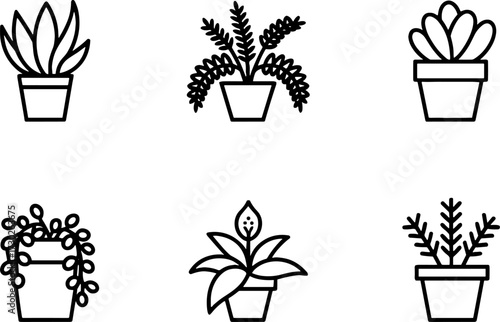 Black Outline Potted Plants Collection Indoor Gardening Plants Suitable for Coloring Book and Design