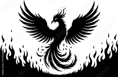 Black Phoenix Rising from Flames Silhouette Tribal Tattoo Design Mythical Bird Illustration for Coloring