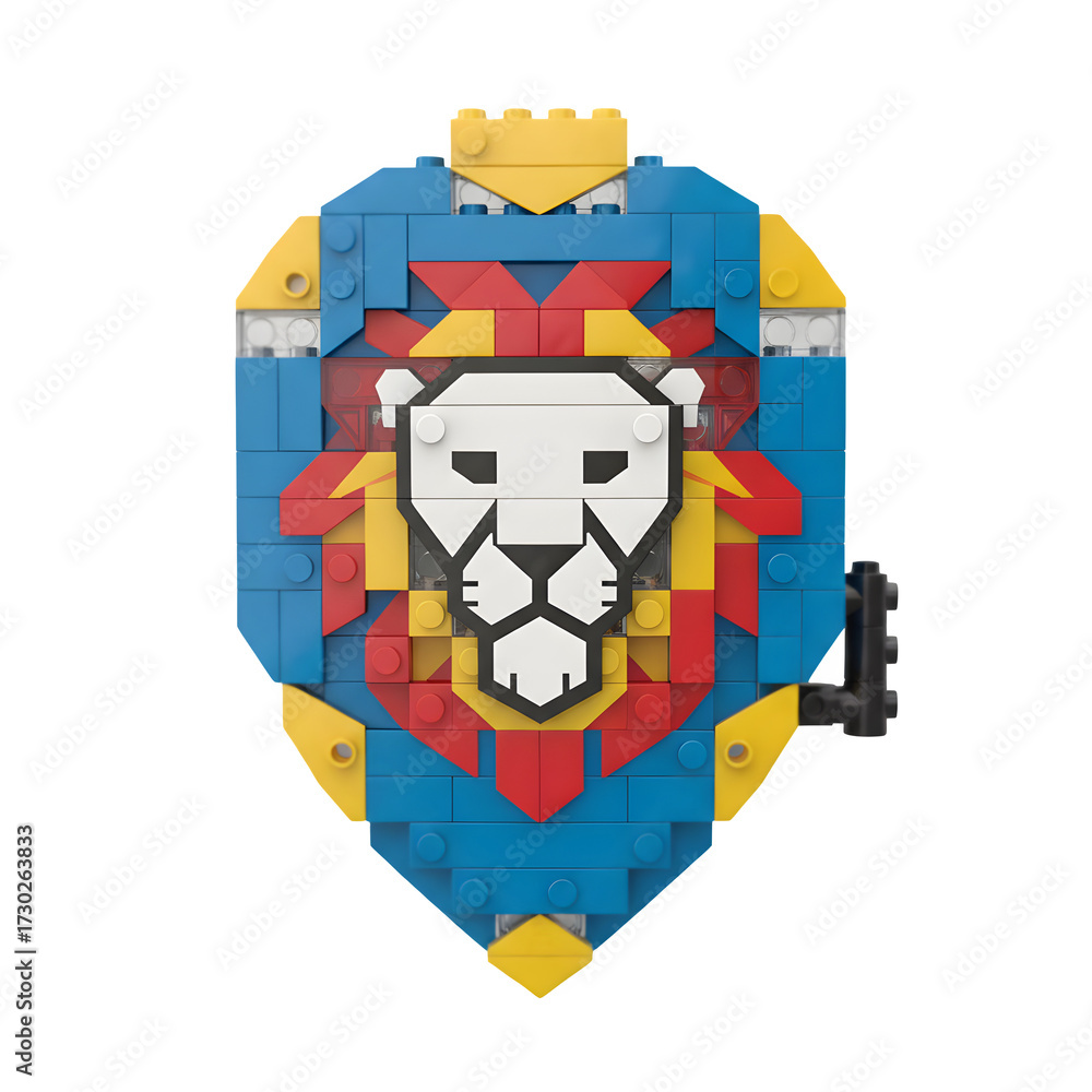 Fototapeta premium Colorful Toy Block Shield with a Stylized Lion Face Design isolated on a transparent background 