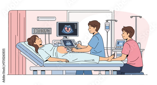 Expectant mother undergoing ultrasound scan with supportive partner present