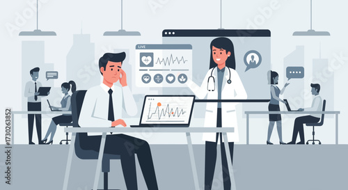 Healthcare professional consults with a patient displaying online medical analysis charts