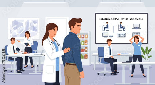Ergonomic consultation for office workers emphasizing health and wellness promotion