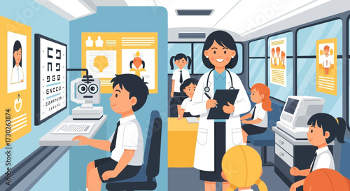 Mobile Pediatric Eye Clinic: Doctor Providing Vision Care to Children in a Bus