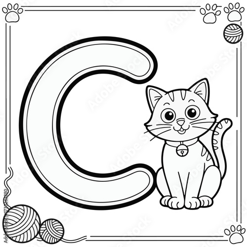 Educational illustration of a cute cat sitting next to a large letter 'C' for children's learning and coloring activities, designed for early childhood education and fun
