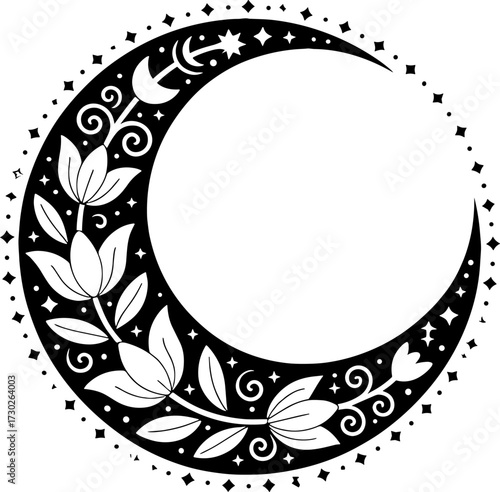 Intricate Floral Crescent Moon Design for Tattoo or Coloring Book
