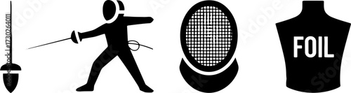 Foil Fencing Equipment and Fencer Silhouette with Mask and Protective Vest for Sports Design