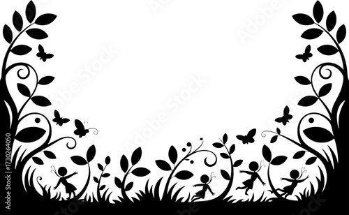 Fairy Silhouettes Playing in Nature with Leaves Butterflies and Grass Frame Design for Invitations