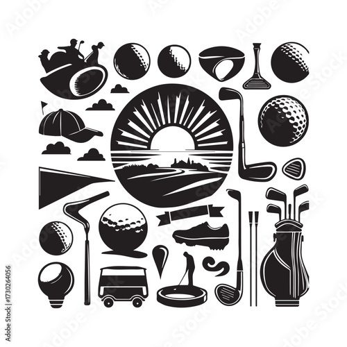 A collage of black golf silhouettes featuring a landscape scene and equipment Keywords: golf equipment golf balls golf clubs golf bag golf shoes golf cap golf shirt golf tees golf accessories golf