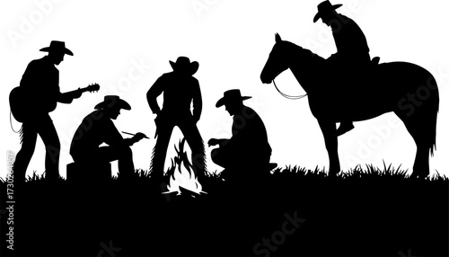 Cowboys Gathered Around Campfire Silhouette with Horse