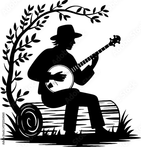 Banjo Player Silhouette Art with Leaves and Logs for Home Decor