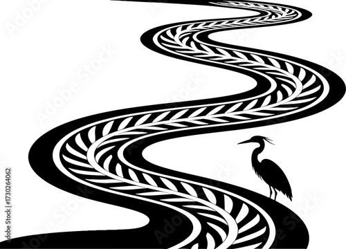 Elegant Heron Silhouette Along Leafy Curved River Design