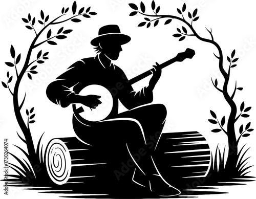 Banjo Player Silhouette Against Nature with Leaves and Logs