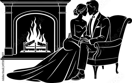 Romantic Couple Sitting Together by Fireplace Elegant Evening Wear Wedding Scene Illustration